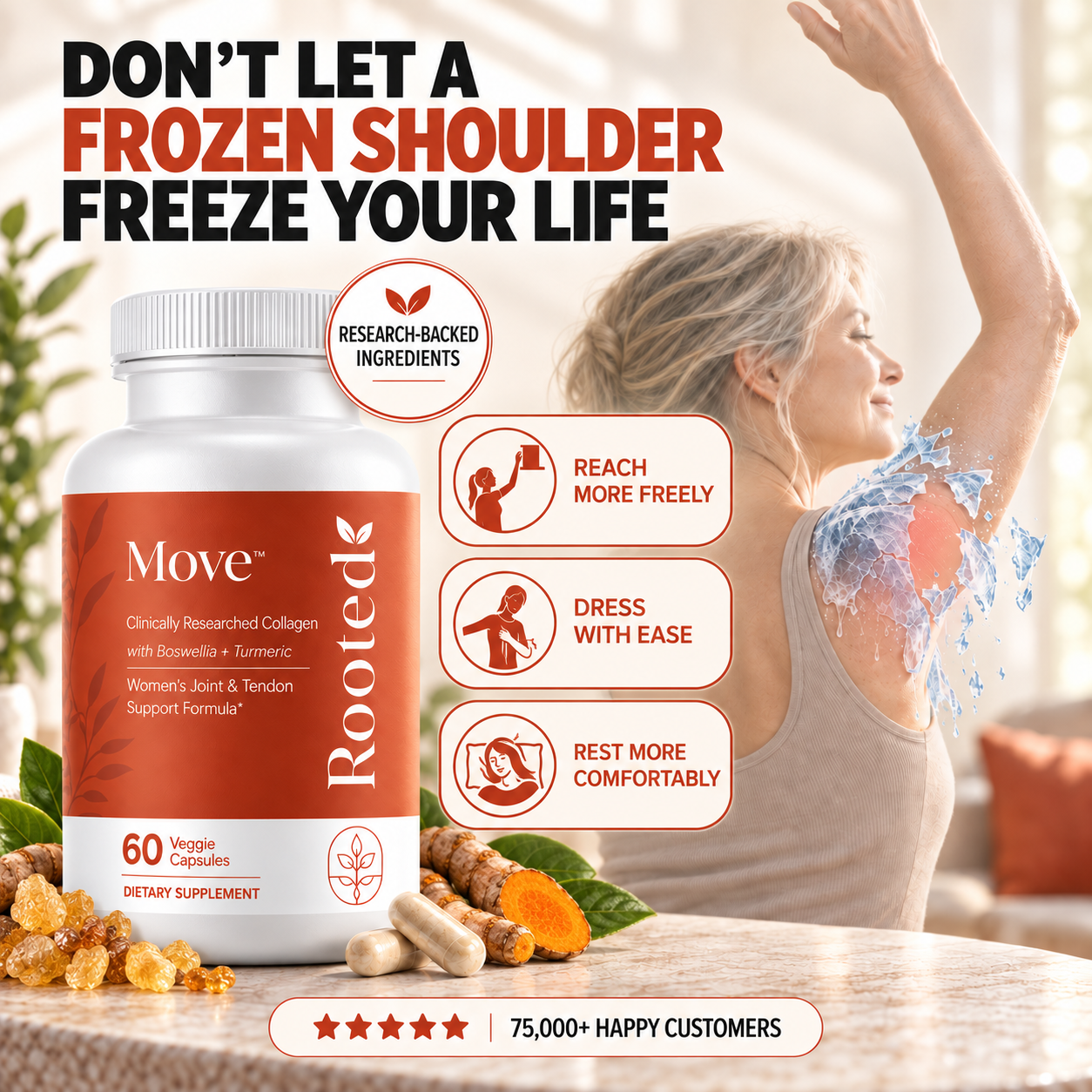 ROOTED Move with research-backed ingredients and everyday frozen shoulder support benefits