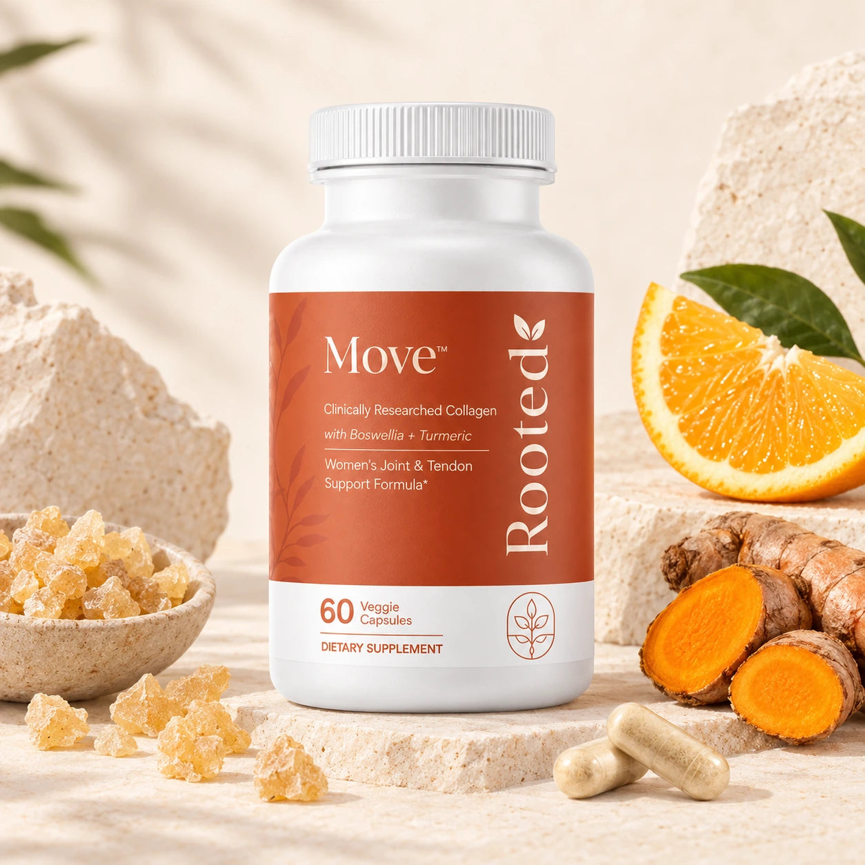 ROOTED Move™ bottle with turmeric, Boswellia resin and capsules