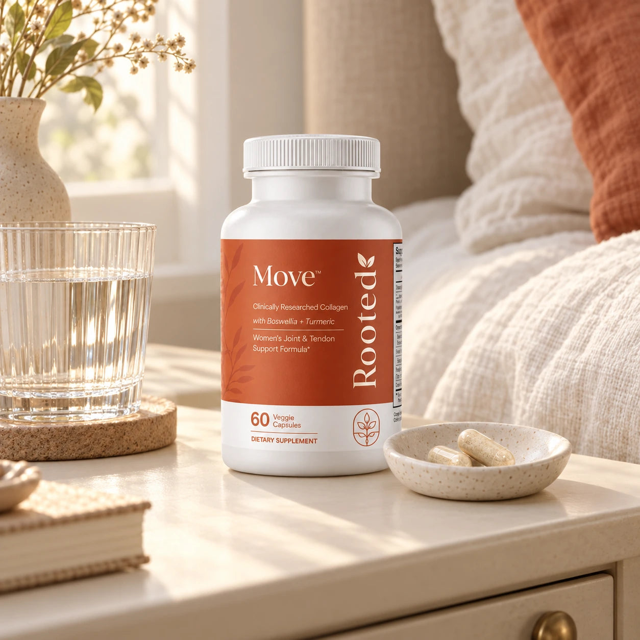 Two ROOTED Move™ capsules beside a morning routine